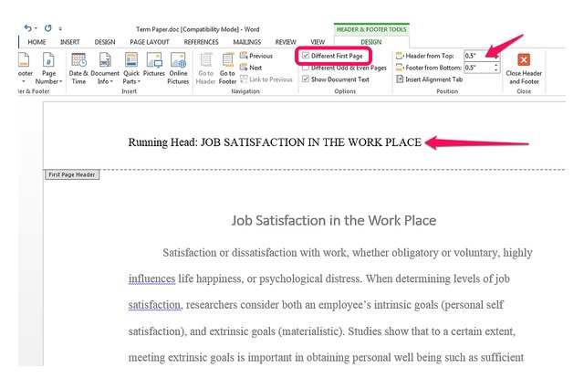 microsoft word running header with page number apa