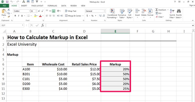 Download Free Excel Markup Percentage Template