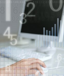 Woman using computer, numbers and graph