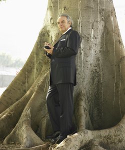 Businessman standing underneath tree using PDA