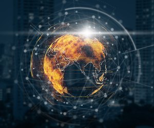 particle earth with technology network circle over the photo blurred of cityscape background, technology and innovation concept
