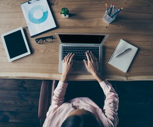 Top above high angle cropped view of nice confident smart lady skilled experienced specialist shark ceo boss chief typing email letter at modern industrial loft interior style work place station