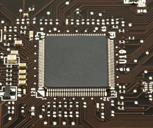 Laptop chip on mother board closeup