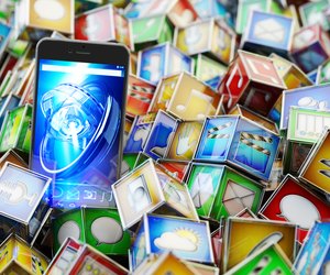 Online store market with mobile phone applications, multimedia technology concept