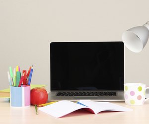 Home workplace with computer, close up