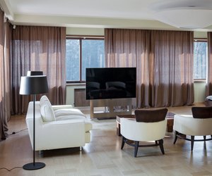 Home modern theater interior with big windows