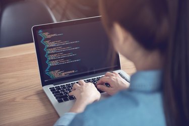 Woman hands coding html and programming on screen laptop, Web, developer.