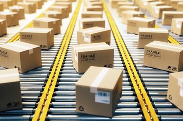 The parcel is on the conveyor belt,Concept of automatic logistics management.3d rendering.