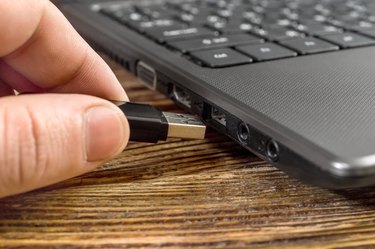 The human hand pushes the flash drive into a laptop.