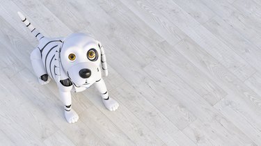 Portrait of robot dog sitting on wooden floor, 3d rendering