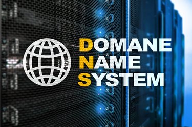 Dns - domain name system, server and protocol. Internet and digital technology concept on server room background.