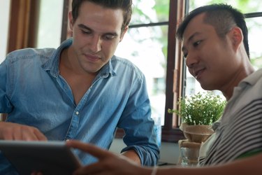 Two Men Using Tablet, Asian Mix Race Friends Guys