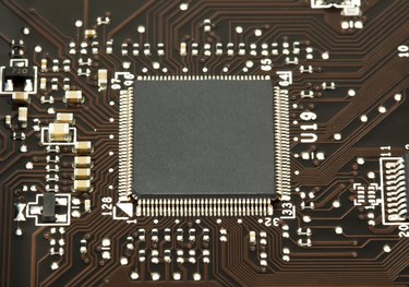 Laptop chip on mother board closeup
