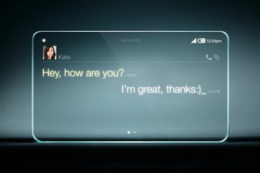 Sms chat on transparent tablet with blue background