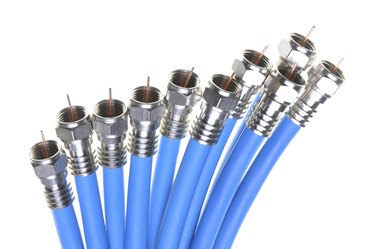 Bunch of blue coaxial cables with connectors