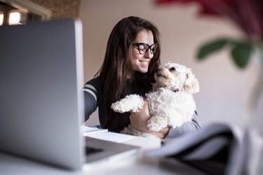 Look at me little one. Woman and her dog