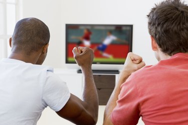 Two men in living room watching television and cheering