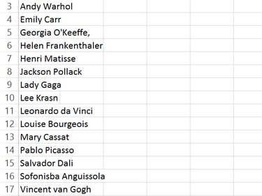 Enter a list of names in column A.