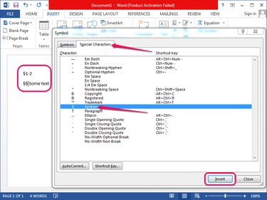 Switching to the Special Characters tab and inserting the section symbol.
