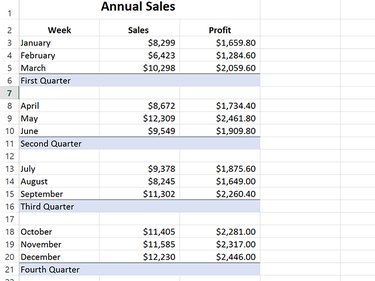 Four subtotal rows have been added to calculate quarterly results.