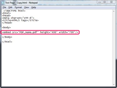Embed a PDF in a Web page using Notepad.