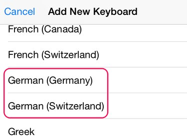 Select a German language keyboard to add to the iPhone.