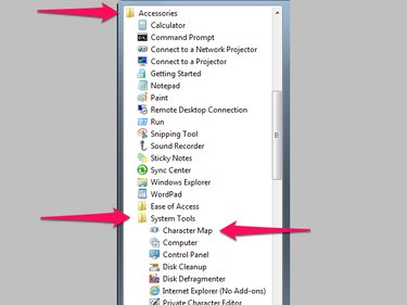 Character Map is located within the System Tools subfolder of the Accessories folder.