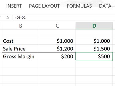 Excel calculates the gross margin as $500.