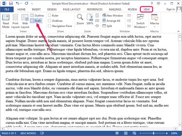 Switching to Draft view in Microsoft Word.