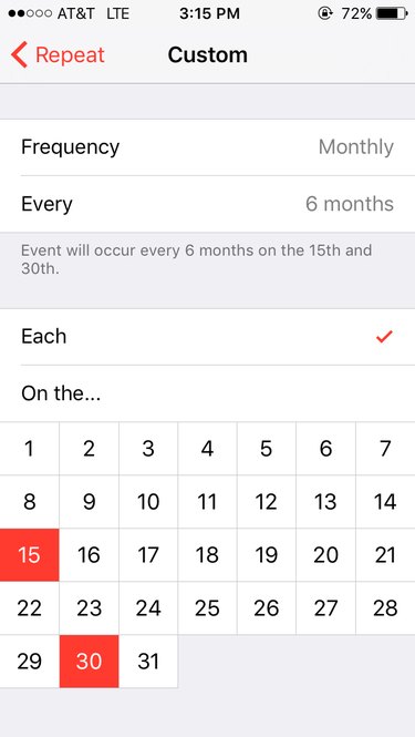 Screen capture of custom calendar repeat option on iPhone.