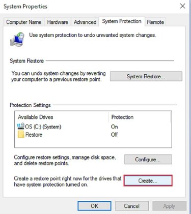 'Create' in the 'System Properties' box will create your first restore point.