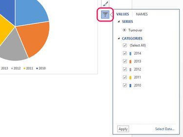 Use Values if you want to remove data from the pie chart.