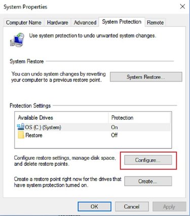 'Configure' will bring you to the next step in setting up 'System Restore.'