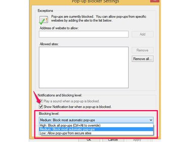 Choose a pop-up blocking level in Internet Explorer.