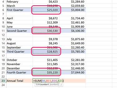 Ctrl-clicking the four subtotals gives us the total annual sales.