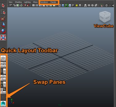 Location of the Viewcube, Panel Layouts and Viewport menus.