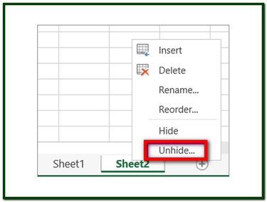The Unhide option being available indicates hidden worksheets.