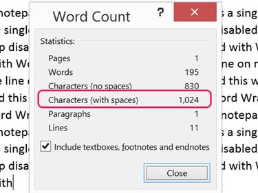 A single line in Notepad pasted into Word shows 1,024 characters.