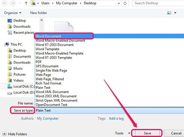 Select Word Document to save in the DOCX format.