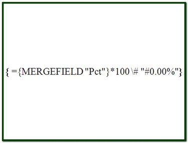 The merge field formatting code to display a percentage with two decimal places and a percent sign