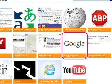 Google Search add-on on the Internet Explorer Gallery website.