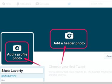 Twitter profile editor, with the add a profile photo and header photo buttons highlighted.