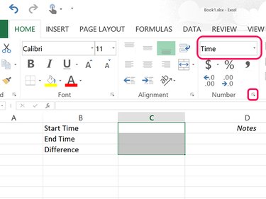 Change cells C1 to C3 to the Time Number format.