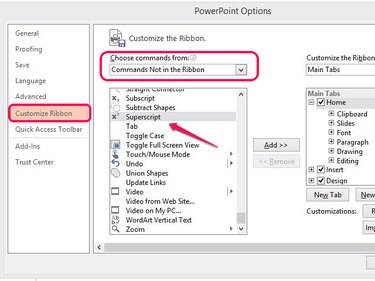 Select Superscript in the Customize Ribbon menu.