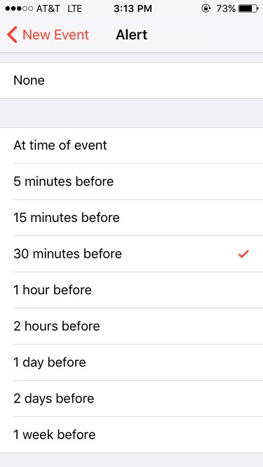 Screen capture of alert option in iPhone calendar app.