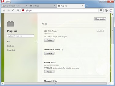 The list of plugins in Opera.