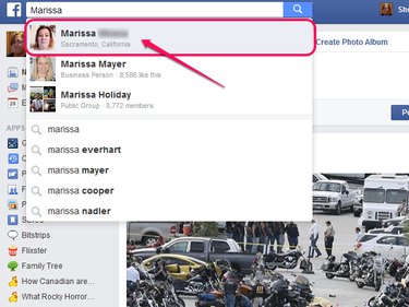 Facebook search, with the desired friend highlighted.