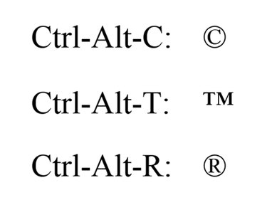 Ctrl-Alt codes for the copyright, trademark and registered symbols.