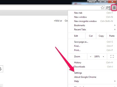 Chrome menu open, with Settings option highlighted.