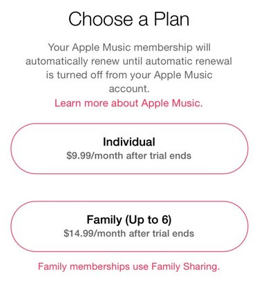 Apple Music subscription options.